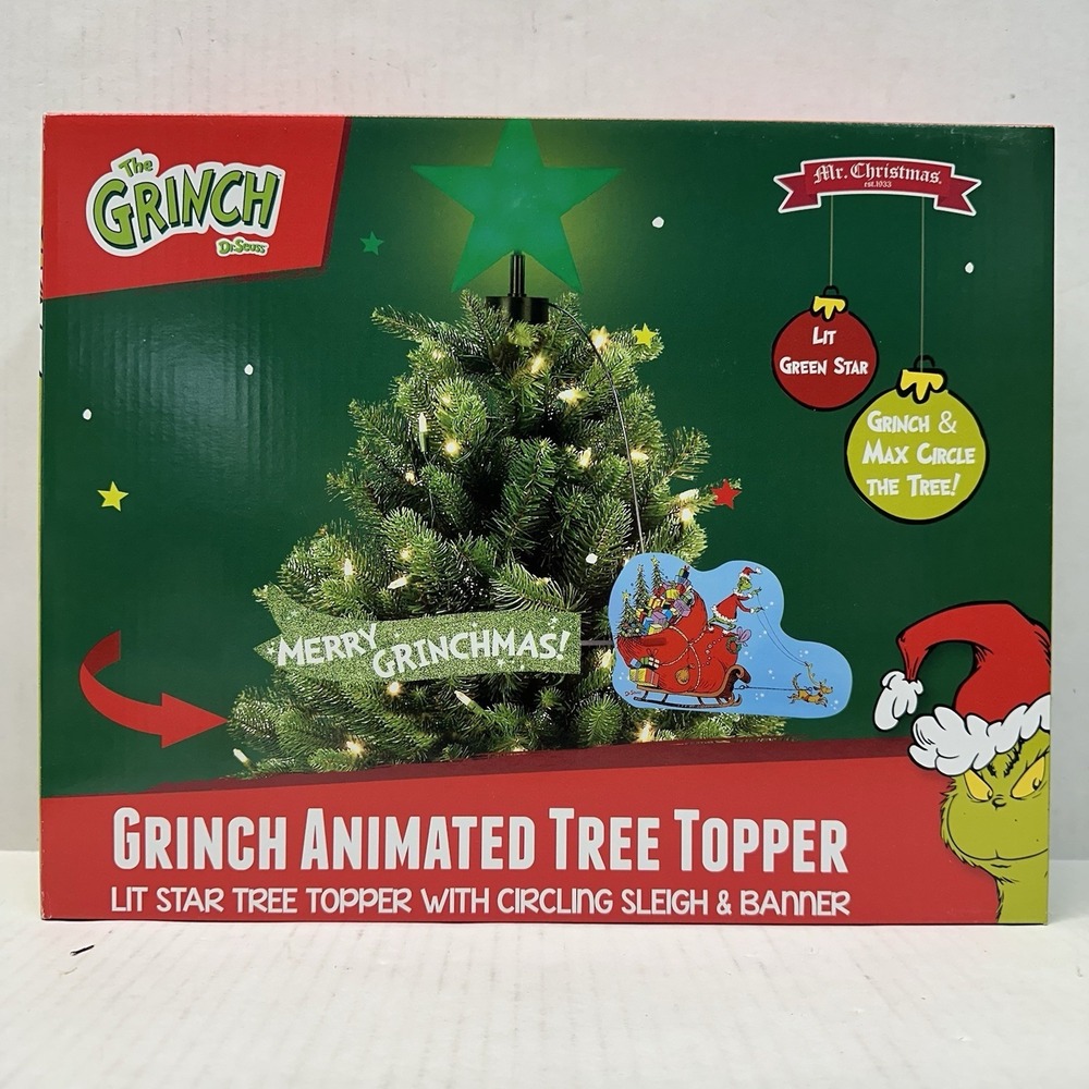 Mr. Christmas Animated Grinch Sleigh Tree Topper with LED Star‎ and Merry